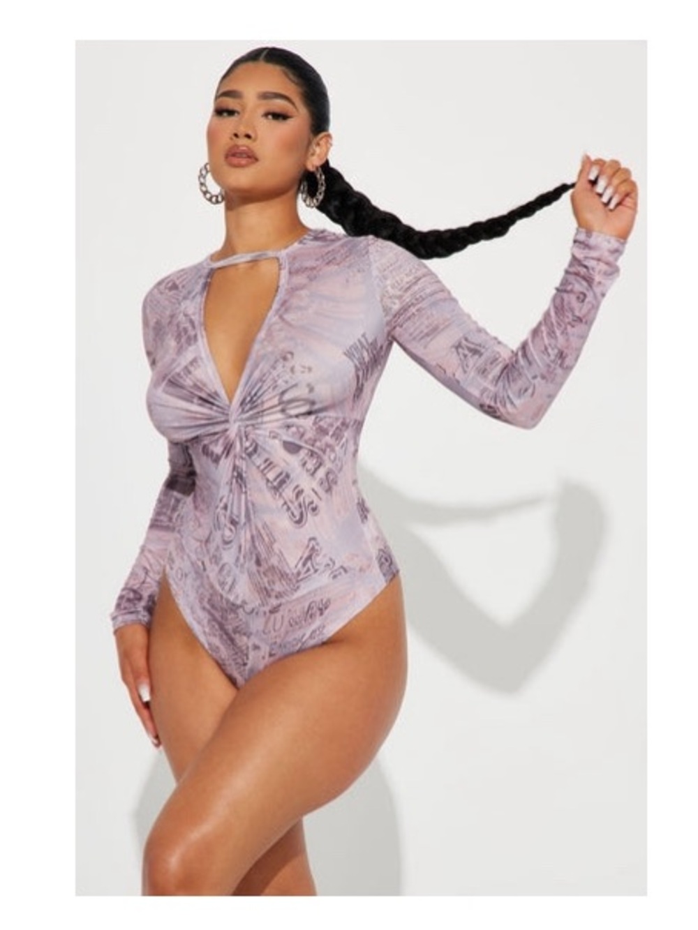Fashion Nova Mauve Newspaper Print Twist-Front Long Sleeve Bodysuit